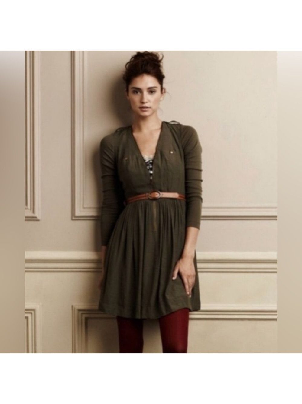 Anthropologie Parameter Dress Size 8 Green Zip Front Pockets Buttons Boho Casual